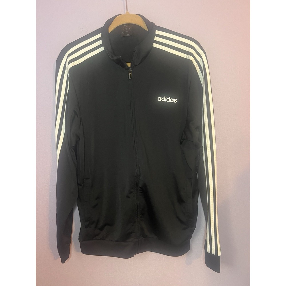 Men's Adidas Black White Full Zip Athletic Track Jacket 3 Stripes Size Large